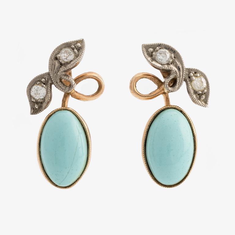 Earrings and ring, gold with turquoises and white stones.