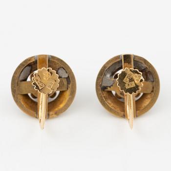 Earrings, a pair, 18K gold with meander border and rose-cut diamonds.