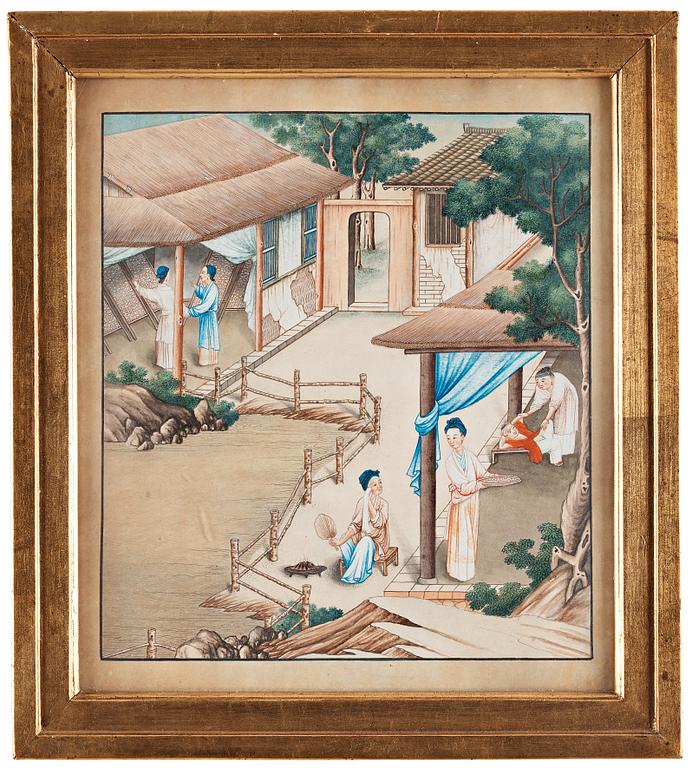AKVARELLER, nio stycken. Okänd konstnär, Qingdynastin, 1800-tal.