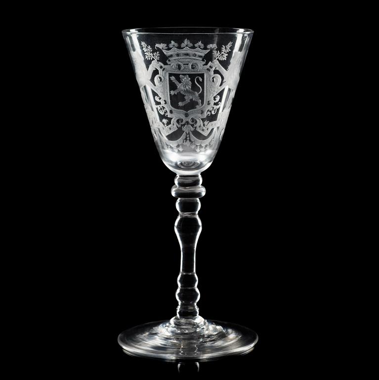 An English armorial wine glass goblet, 18th Century.