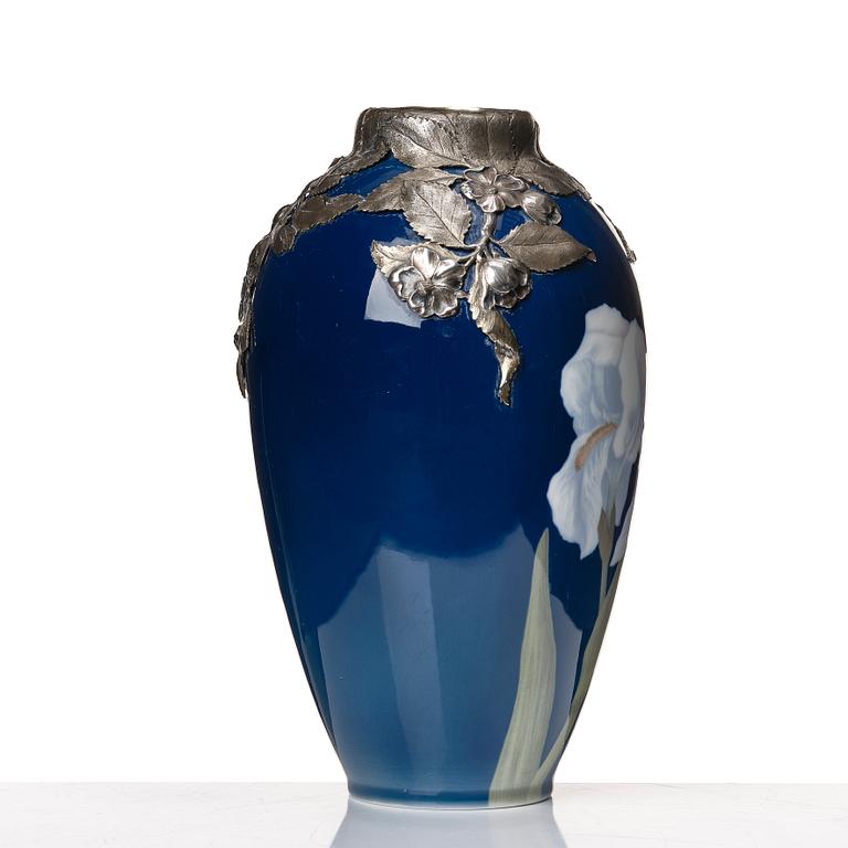 Anton Michelsen, & Royal Copenhagen, a porcelain vase with sterling silver mouth, Copenhagen 1910.