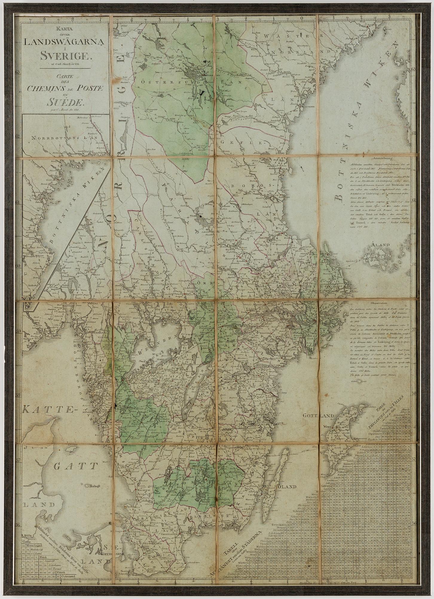 KARTA öfver Landswägarna i Sverige av Carl Akrell år 1811.