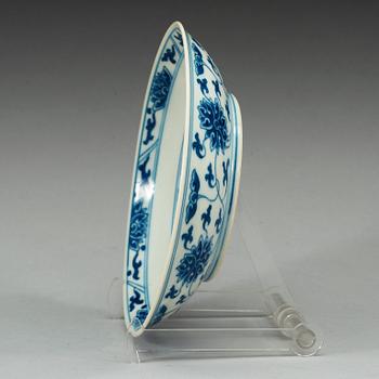 A set of three Chinese blue and white lotus dishes, presumably Republic, with Daoguang seal mark.