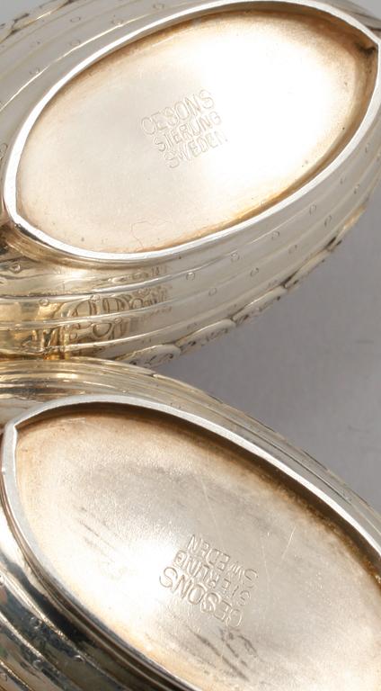 SALTKAR, 3 st, silver och glas, GEWE, Malmö, 1976 och Ceson, 1900-talets andra hälft.