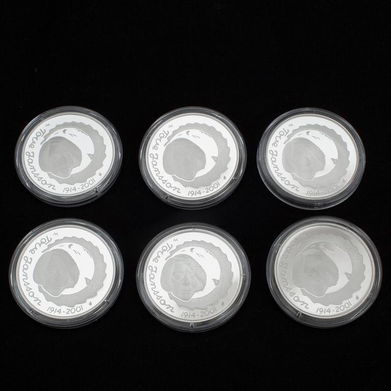 MYNT, 6 st, silver, Myntverket Sverige, minnespräglingar. Vikt 27 g.