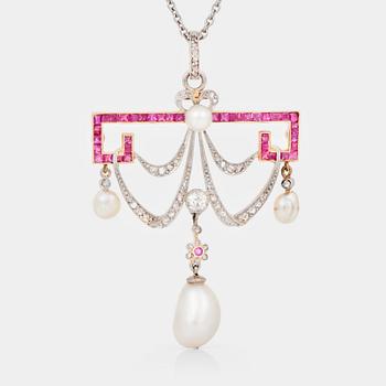 826. A ruby, rose-cut diamond and probably natural pearl 1920's necklace.