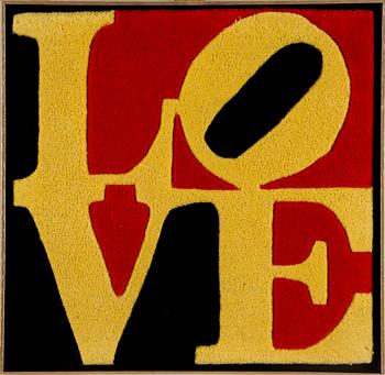 ROBERT INDIANA, FRAMED CARPET. Chosen Love. Signed R Indiana, numbered 369/999 on label.