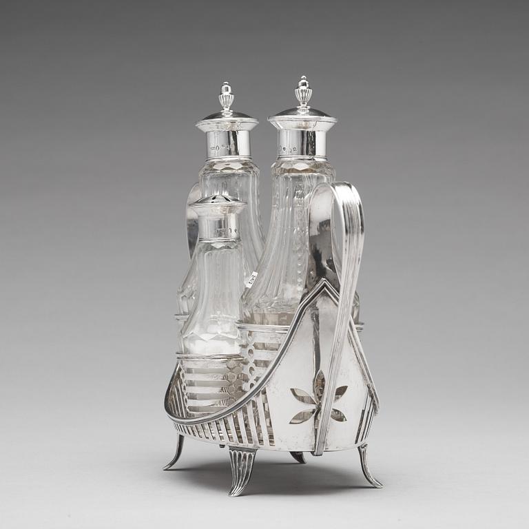 A Swedish 18th century silver and glass, cruet-set, mark of Stepan Westerståhle, Stockholm 1798.