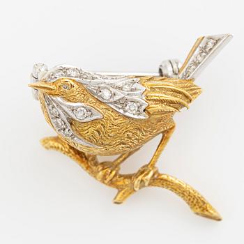 Brosch i form av en fågel 18K guld med åttkantslipade diamanter.