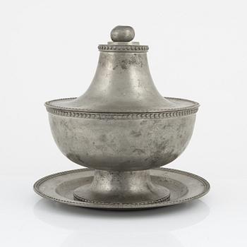 A Swedish 19th Century pewter tureen with lid and tray.