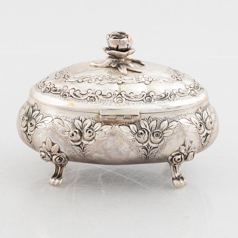 Sugar box, silver 830, Swedish import mark, and sugar tongs, sterling silver, Georg Jensen, Denmark.