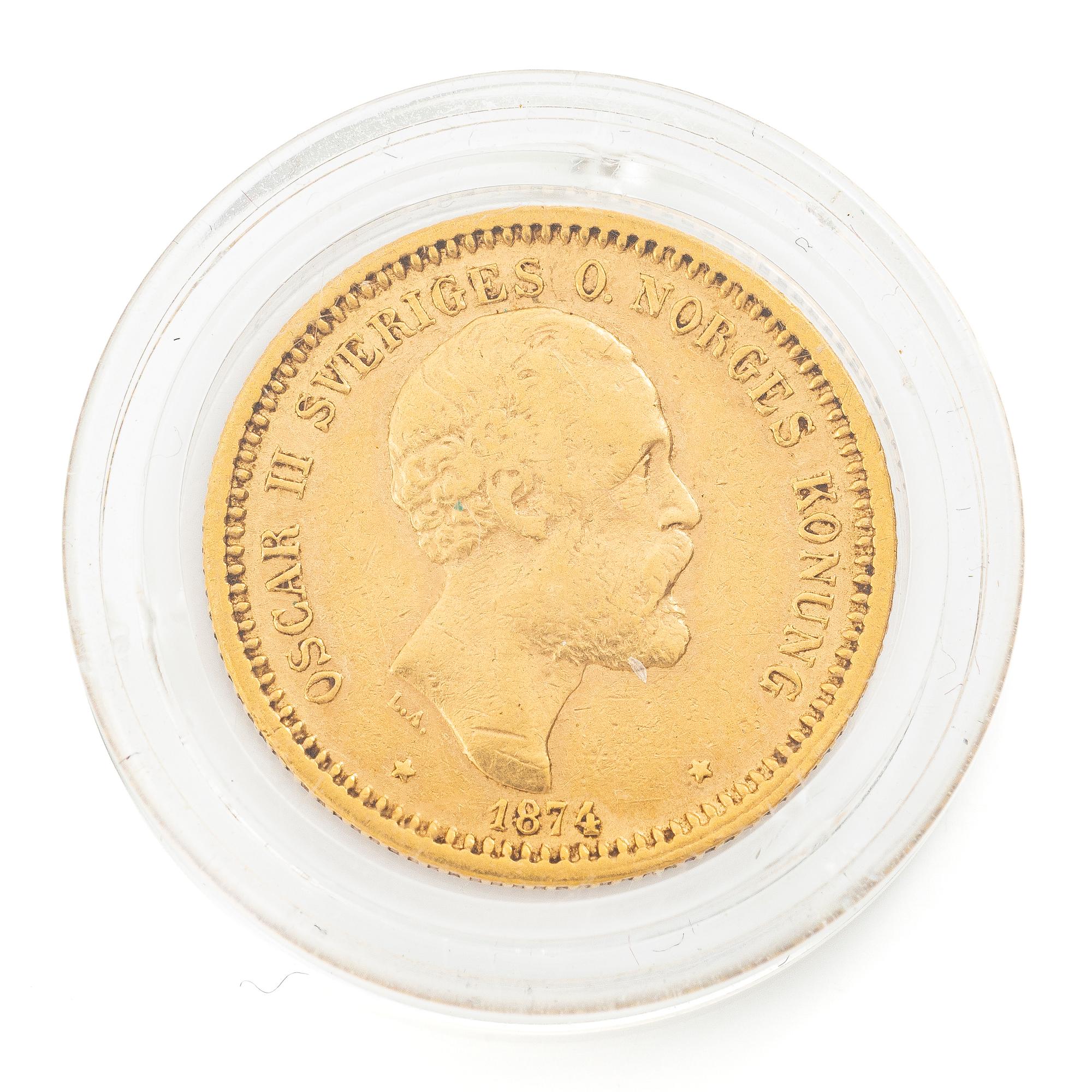 Guldmynt, Sverige, Oskar II, 10 kronor, 1874.