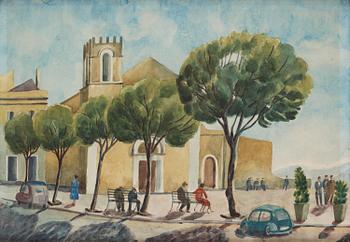 255. Josef Frank, watercolour, depicting a square with a church.