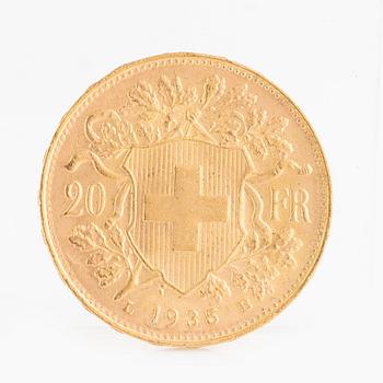 Guldmynt, Schweiz, 20 Franc, 1935 LB.