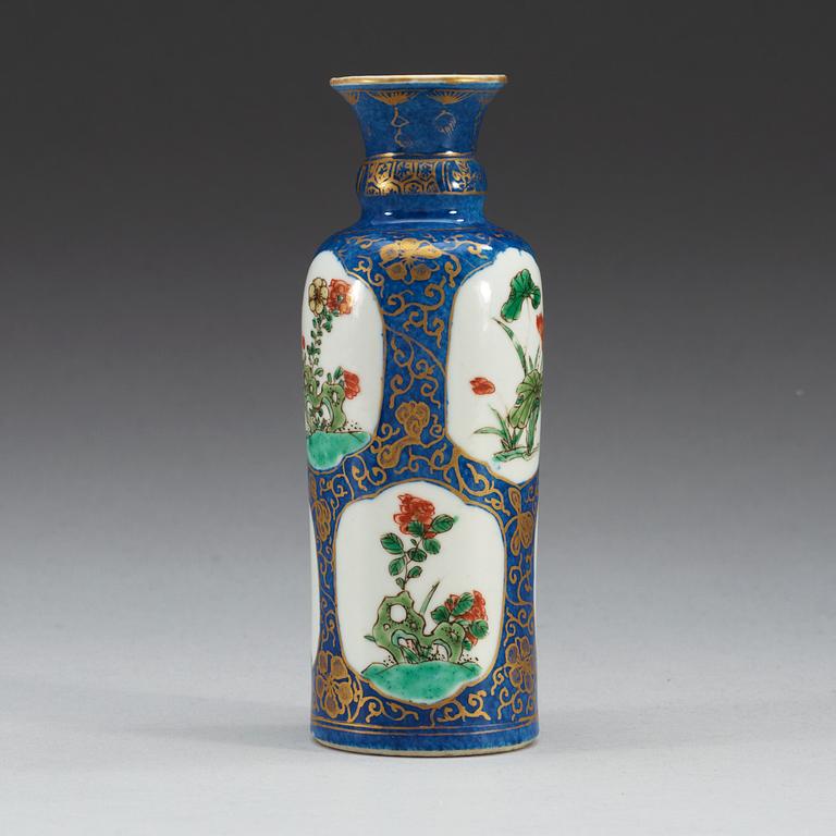 A powder blue ground vase with gilding and 'famille-verte' enamels within reserves, Qing dynasty, Kangxi (1622-1722).