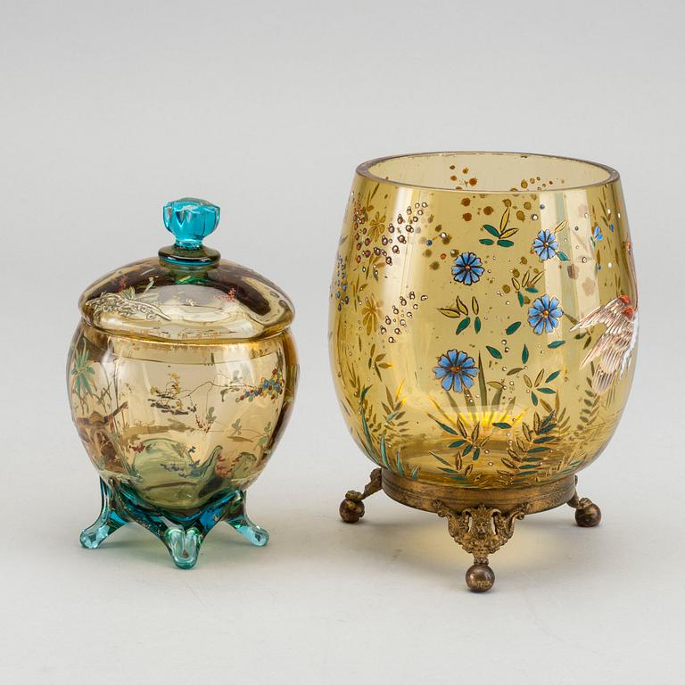 A set of two French Art Nouveau handpainted glass bowls around 1880/90.