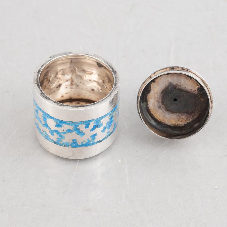 Two sterling silver and enamel miniature beakers and a small box with lid, marks of Lars Arby, Gothenburg, Sweden.