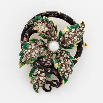 Old-cut diamond, pearl and enamel snake brooch.