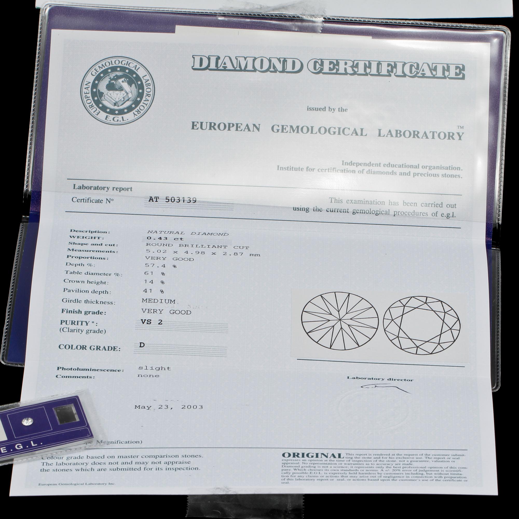BRILJANTSLIPAD DIAMANT, oinfattad, 0.43 ct, certifikat daterat 2003.