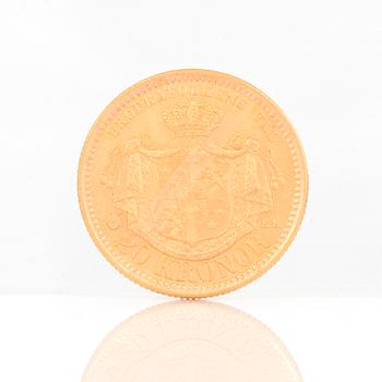 GULDMYNT, 20 kronor, Oscar II av Sverige och Norge 1884. Vikt ca 9 gram.