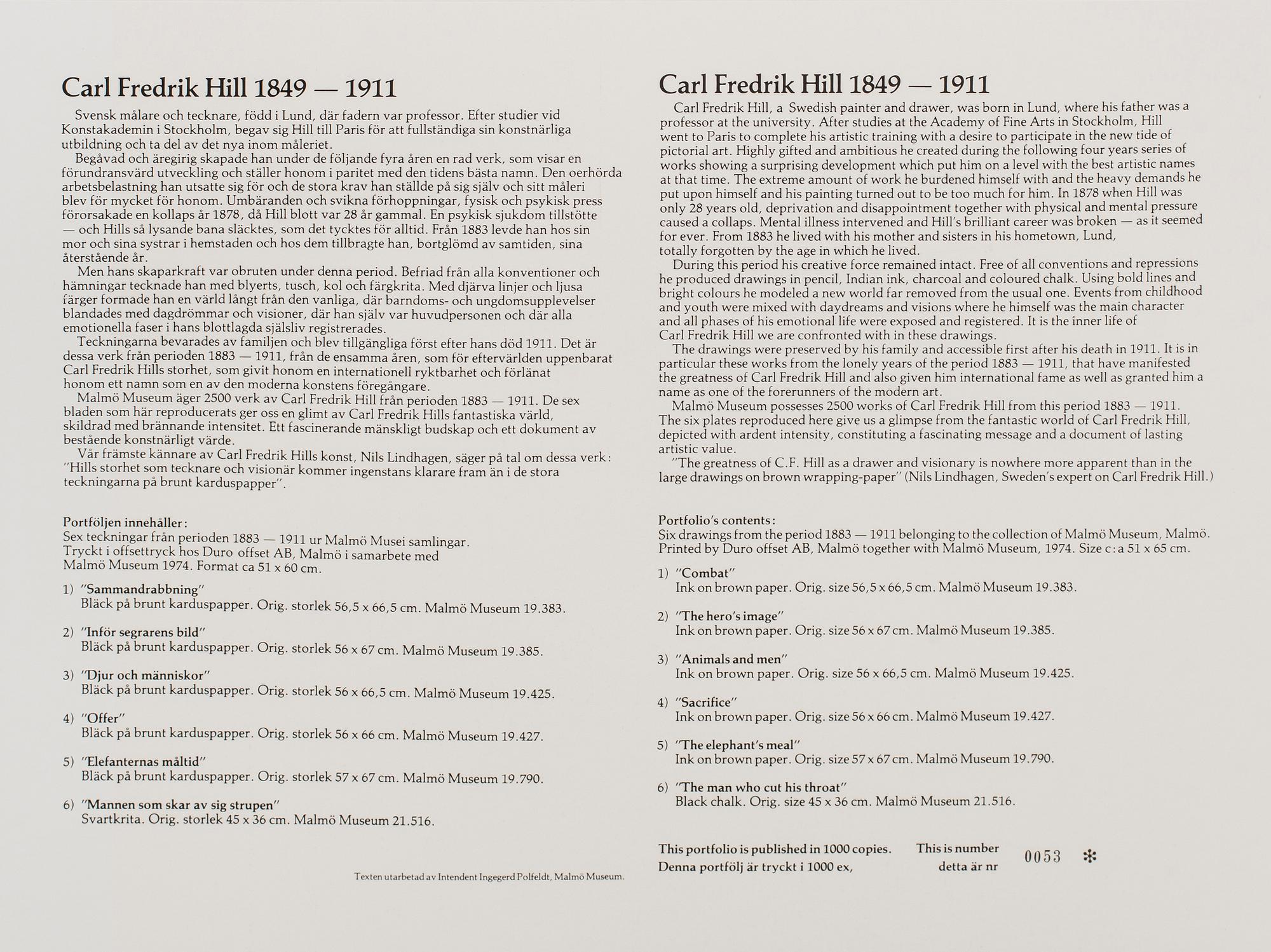 CARL FREDRIK HILL, efter, mapp med 6 st offsettryck, utgiven i samarbete med Malmö Museum 1974.