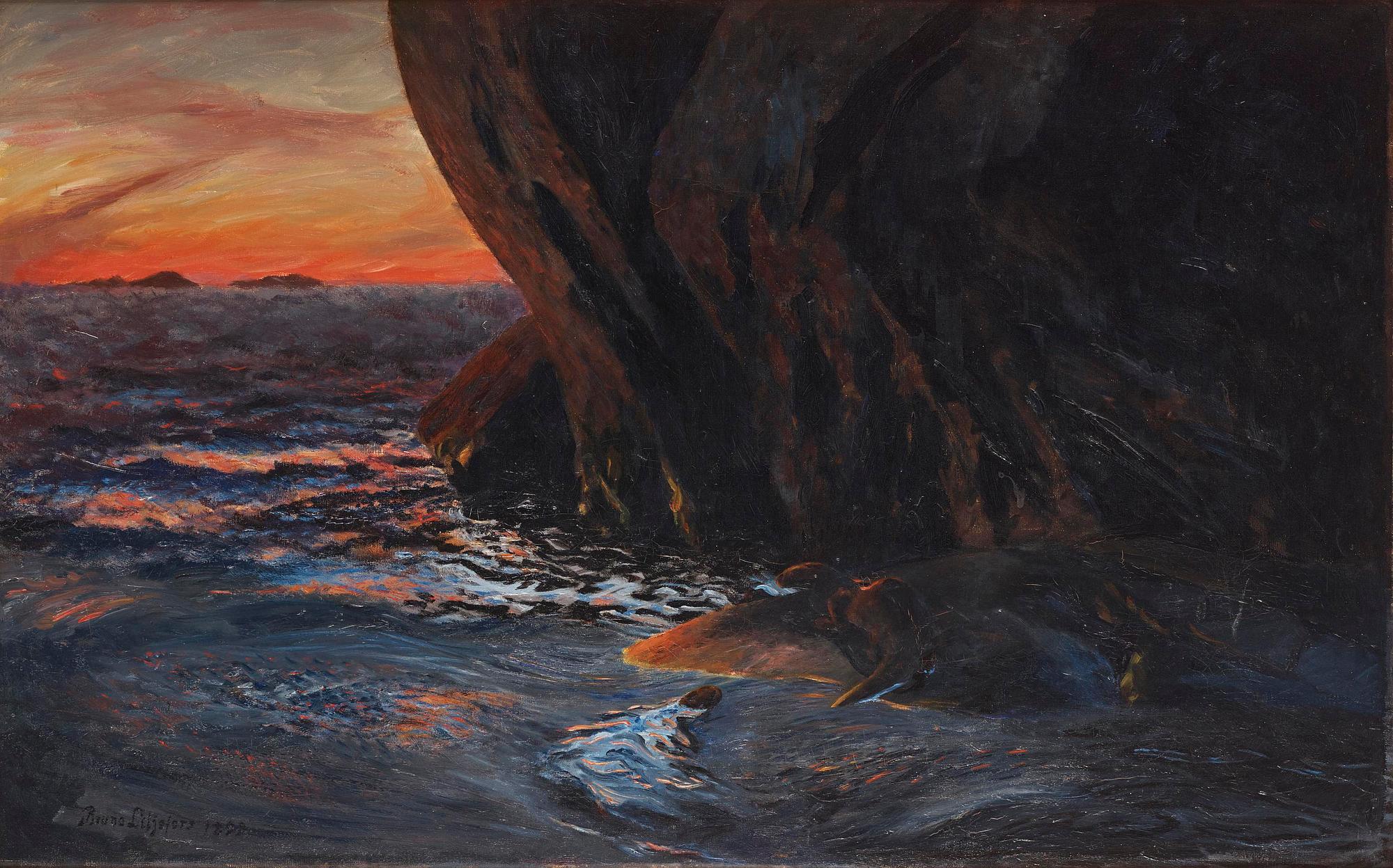 Bruno Liljefors, "Uttrar vid havet, solnedgång".
