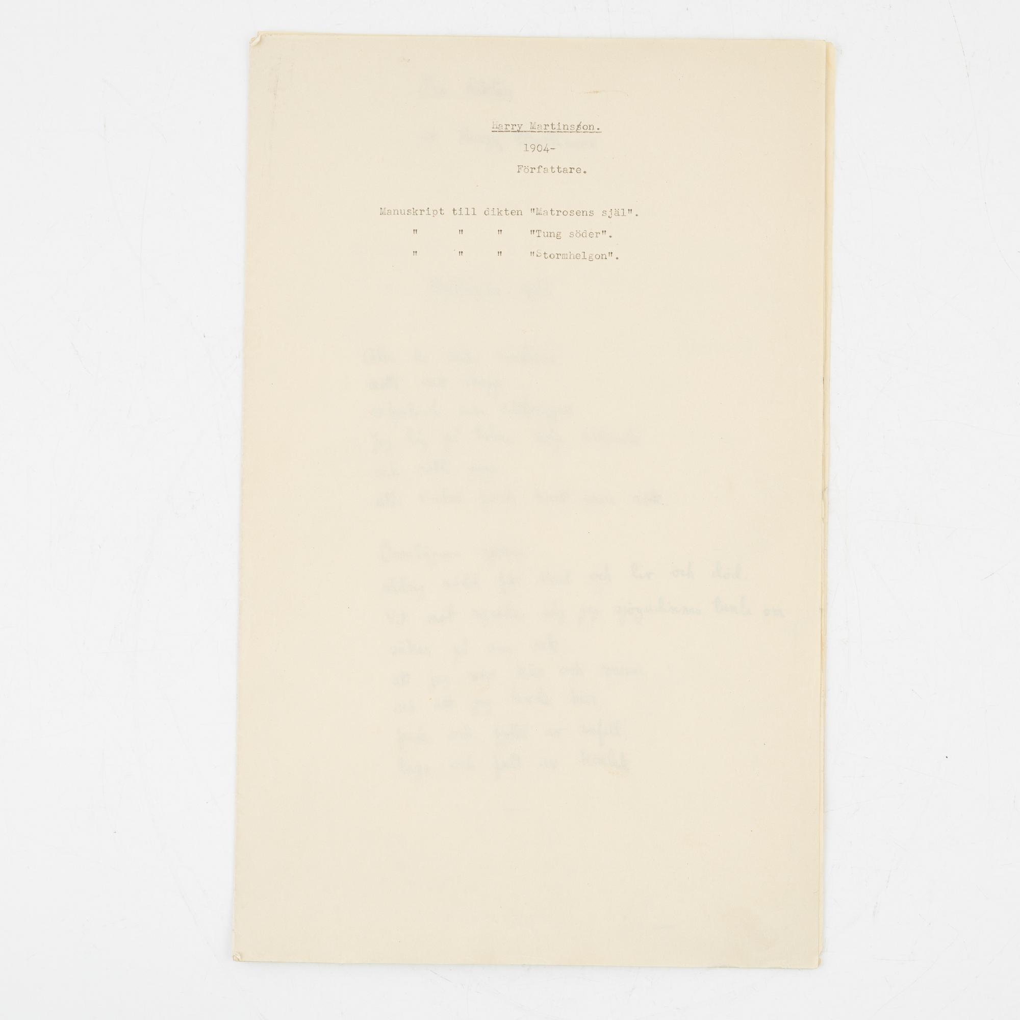 Tre diktmanuskript av Harry Martinson.