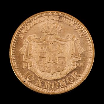GULDMYNT, 10 kronor, Oscar II, 1894.  Vikt ca 5 gram.
