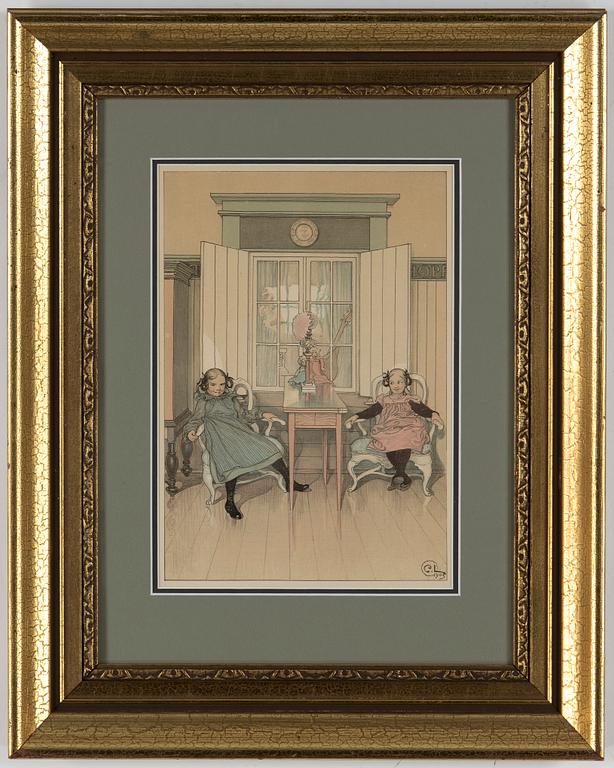 CARL LARSSON, "Kersti främmande", färglitografi, signerad i stenen. Utgiven av Föreningen för Grafisk Konst 1905.