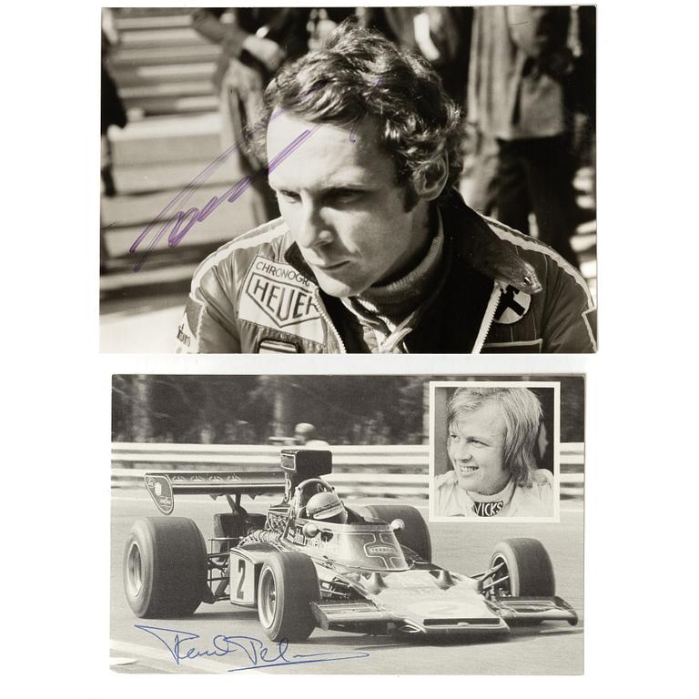 Two autographs, Ronnie Peterson and Niki Lauda.