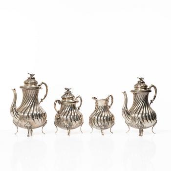 Tea/coffee service, 4 pieces, silver, Rococo style, 20th century.