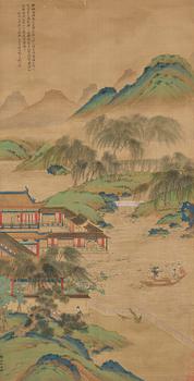 971. A Chinese scroll painting, ink and colour on silk, late Qing dynasty after Qiu Ying.