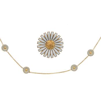 GEORG JENSEN, RING and NECKLACE, "Daisy", goldplated silver, white enamel.