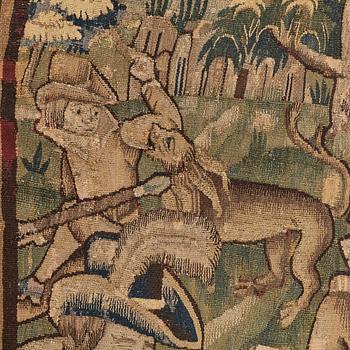 A TAPESTRY, "Lion hunting", tapestry weave, Flanders the middle of the 17th century, possibly Oudenarde, ca 262 x 249 cm.