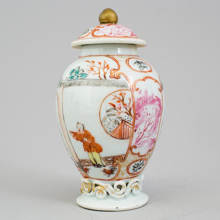 An 18th century famille rose tea caddy.