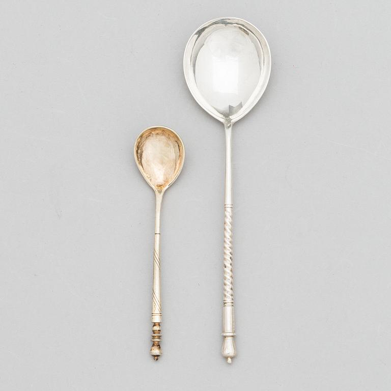 Two Russian spoons in gilt silver and silver, makers' marks of Konstantin Petz 1848, Vasilij M. Ashmarin 1888, Moscow.