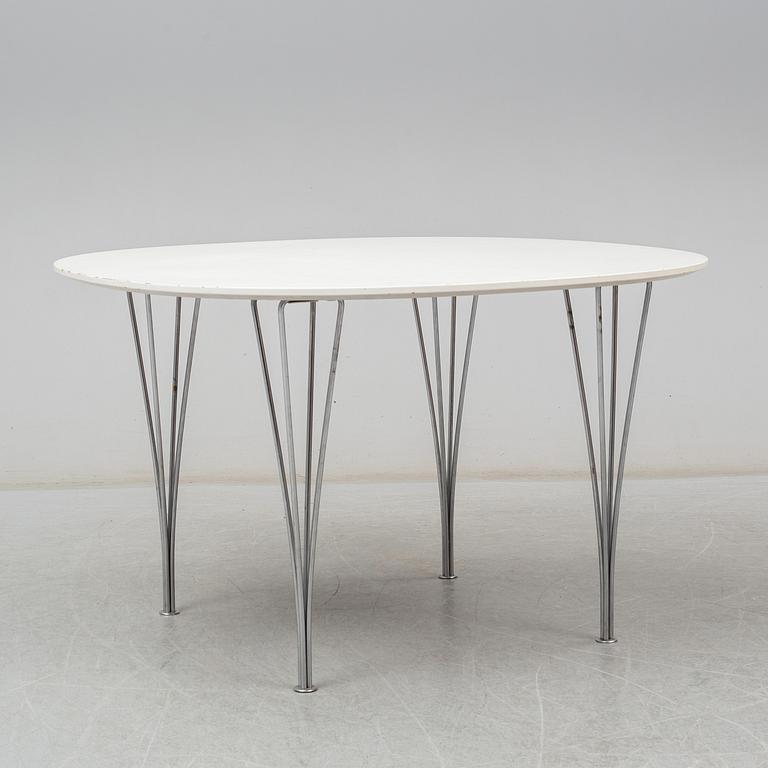 BRUNO MATHSSON & PIET HEIN, and ARNE JACOBSEN, a 'Supercirkel' table and two 'Myran' chairs, from Fritz Hansen.
