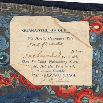 An embroidered rank badge with a bird, Qing dynasty, 19th century.