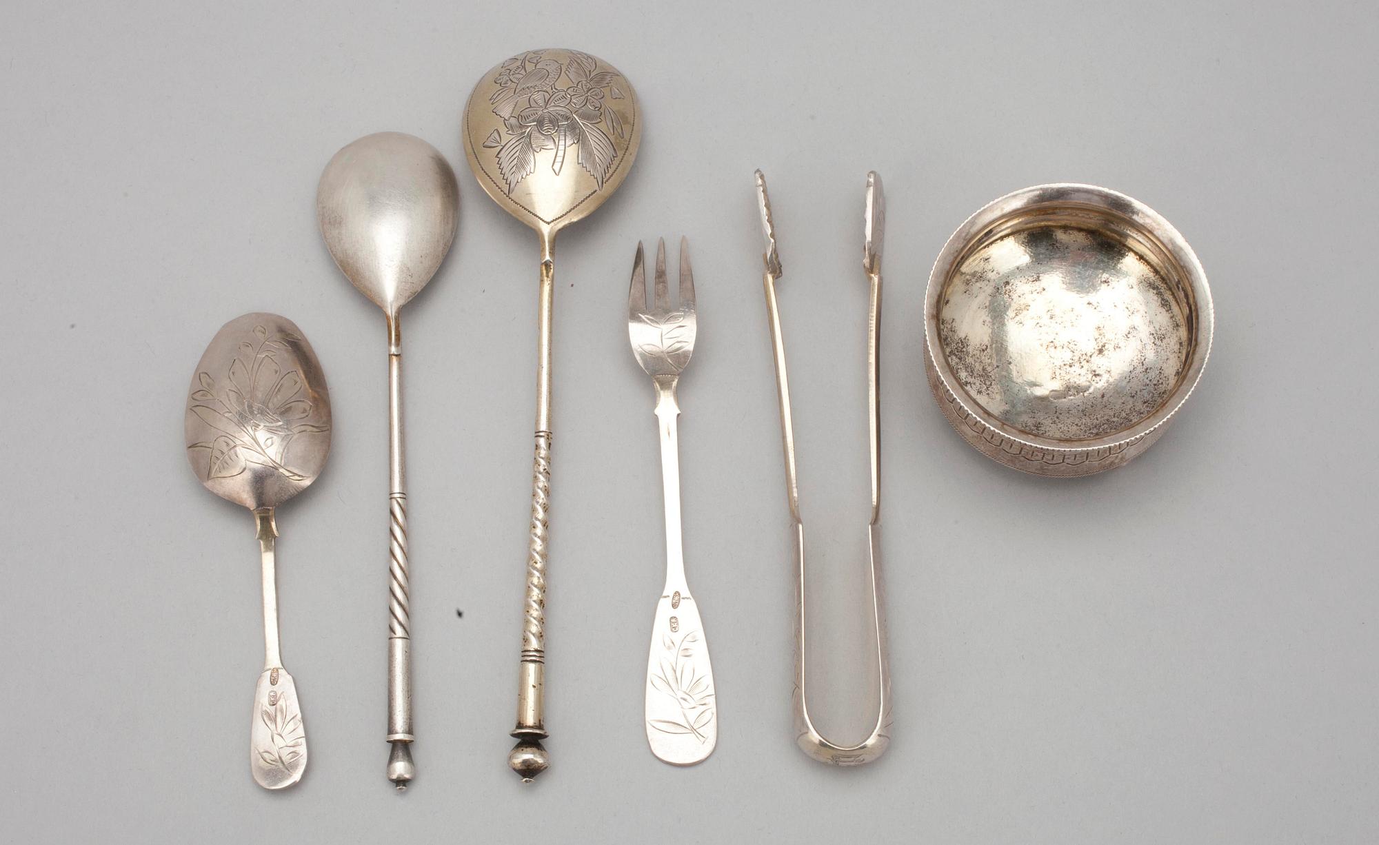 PARTI SILVER, 6 delar. 84 silver Moskva Ryssland 1896-1908. Vikt 139 g.