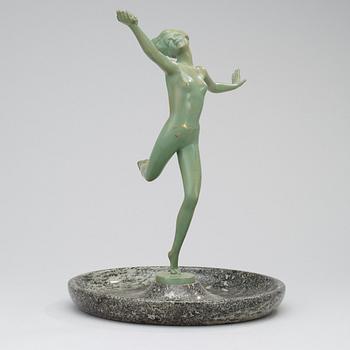 A Josef Lorenzl Art Deco green lacquered bronze figure of a nude, mounted to a marble dish, probably 1930's.