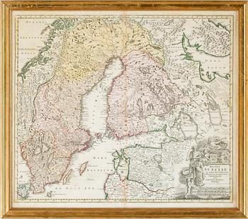 KARTA. handkolorerat kopparstick, "REGNI SUECIAE", Johan Baptista Homann. 1700-talets första hälft.