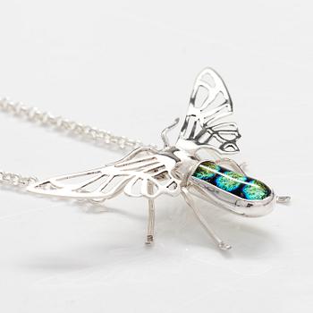 A sterling silver necklace "Moth" with dichroic glass. Ru Runeberg 2019.