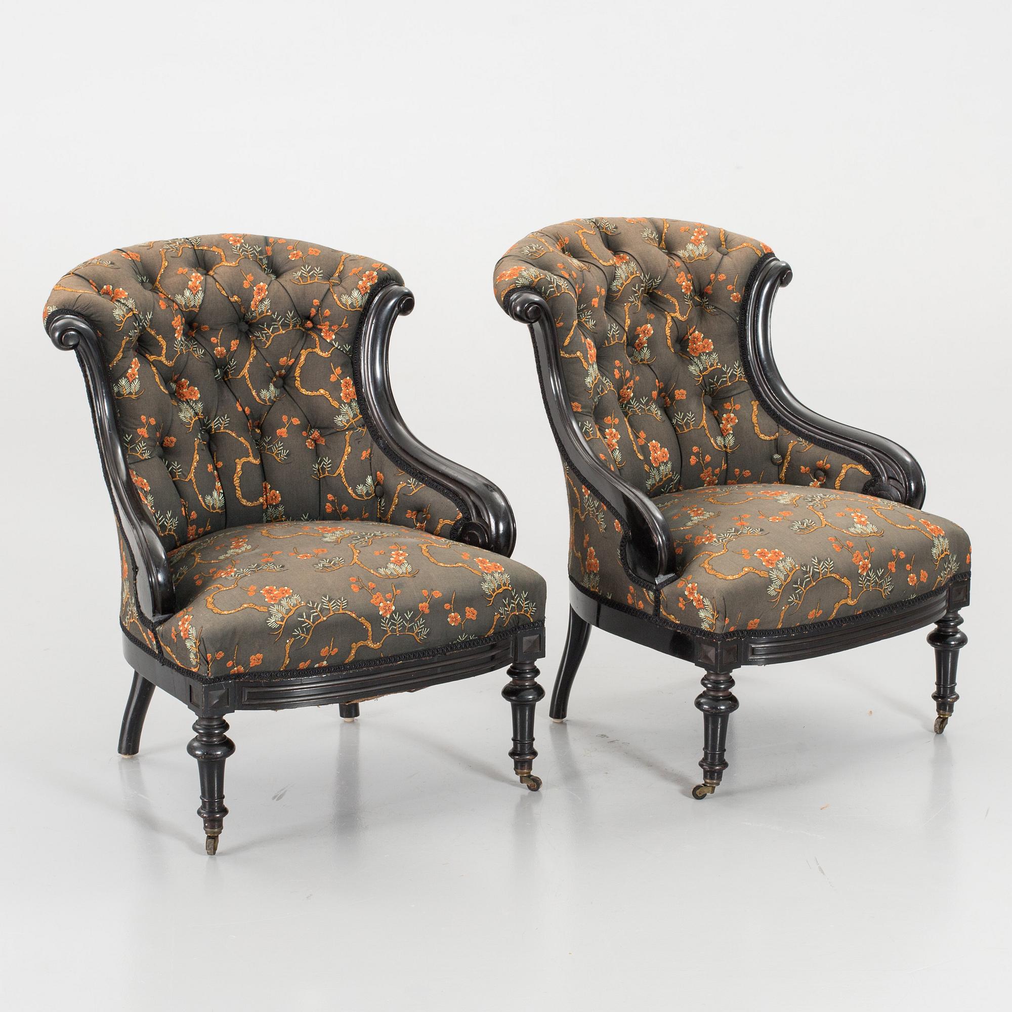 A pair of late 19th century lounge chairs.
