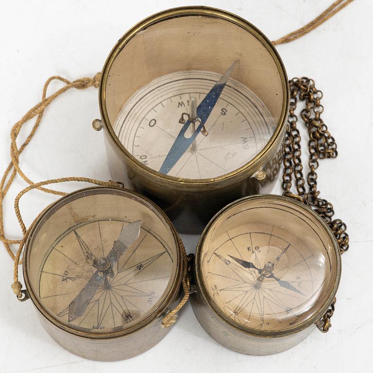 Mine compasses 3 pcs, one marked Rosén Falun, 19th century.