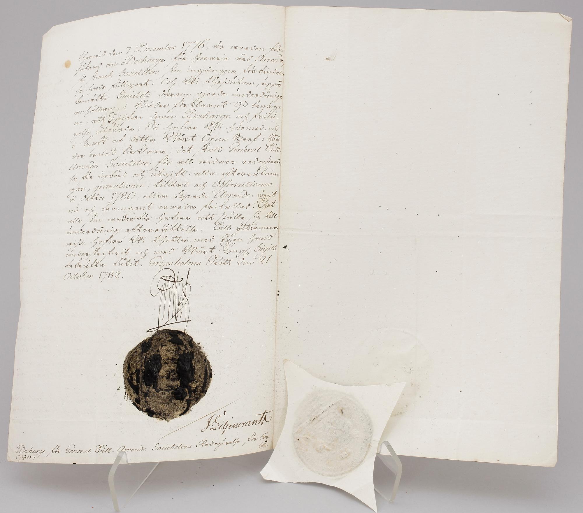 DOKUMENT MED KUNGLIG AUTOGRAF, Konung Gustaf III av Sverige, dat Gripsholm den 21 oktober 1782.