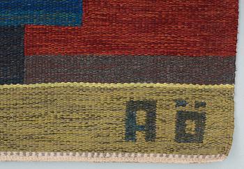 CARPET. Flat weave and tapestry weave (Rölakan and gobelängteknik). 603 x 270 cm. Signed AÖ woven as well as AGDA ÖSTERBERG 1964 embroidered at the back.