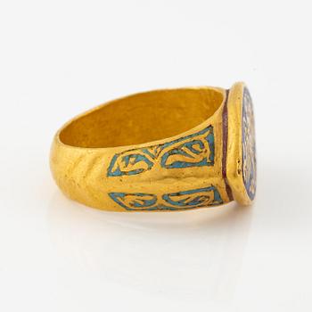 A modern Byzantine-style gold and enamel signet ring.