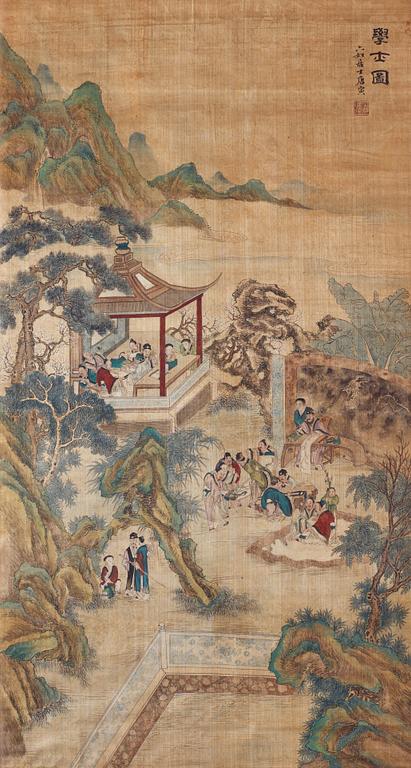 A hanging scroll of studying scholars in a garden, "Xueshi tu", late Qing dynasty (1664-1912).