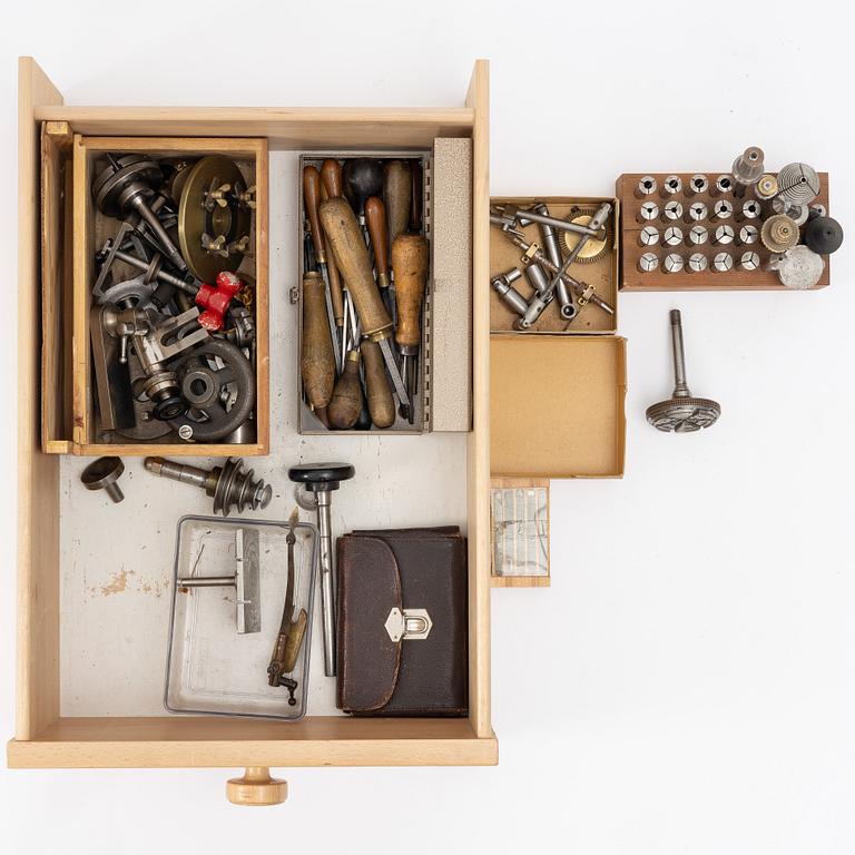 Watchmaking tools and spare parts, including a lathe by Lorch.