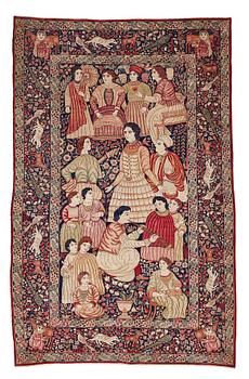 309. A rug, antique Kerman Laver figural, ca 238-242 x 153-157 cm (as well as one end with 1 cm flat weave).